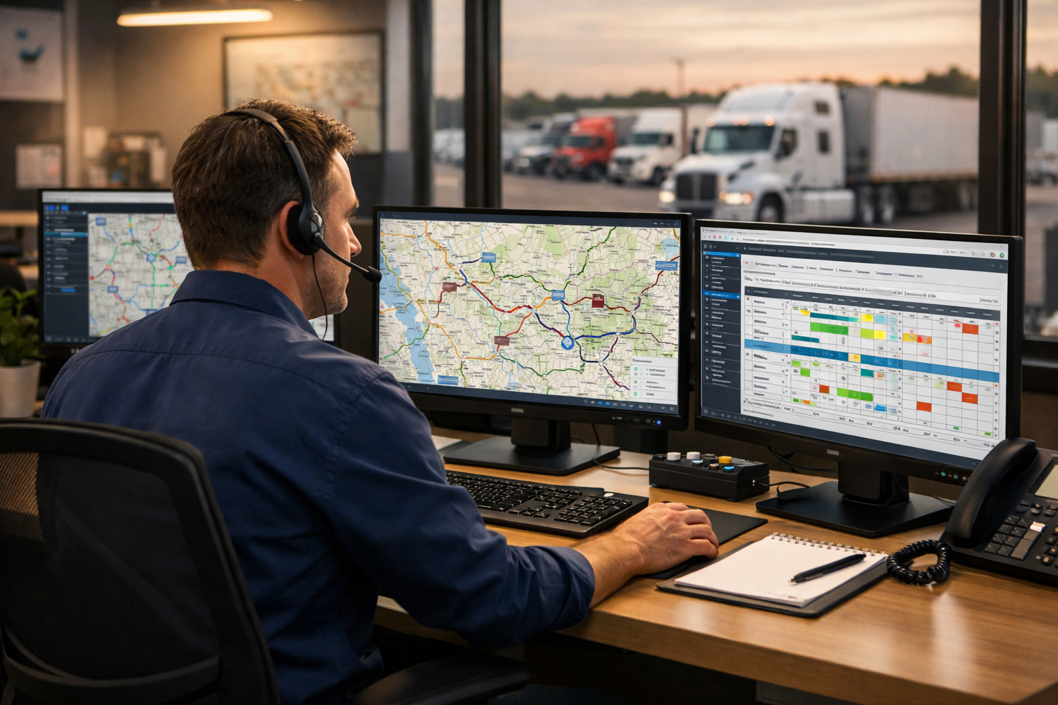Disponent bei der Arbeit am Schreibtisch mit Monitoren
