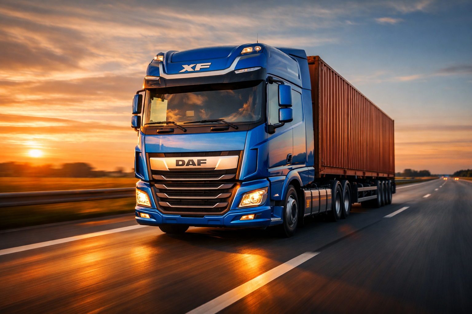Blauer DAF XF LKW mit Container auf der Autobahn bei Sonnenuntergang