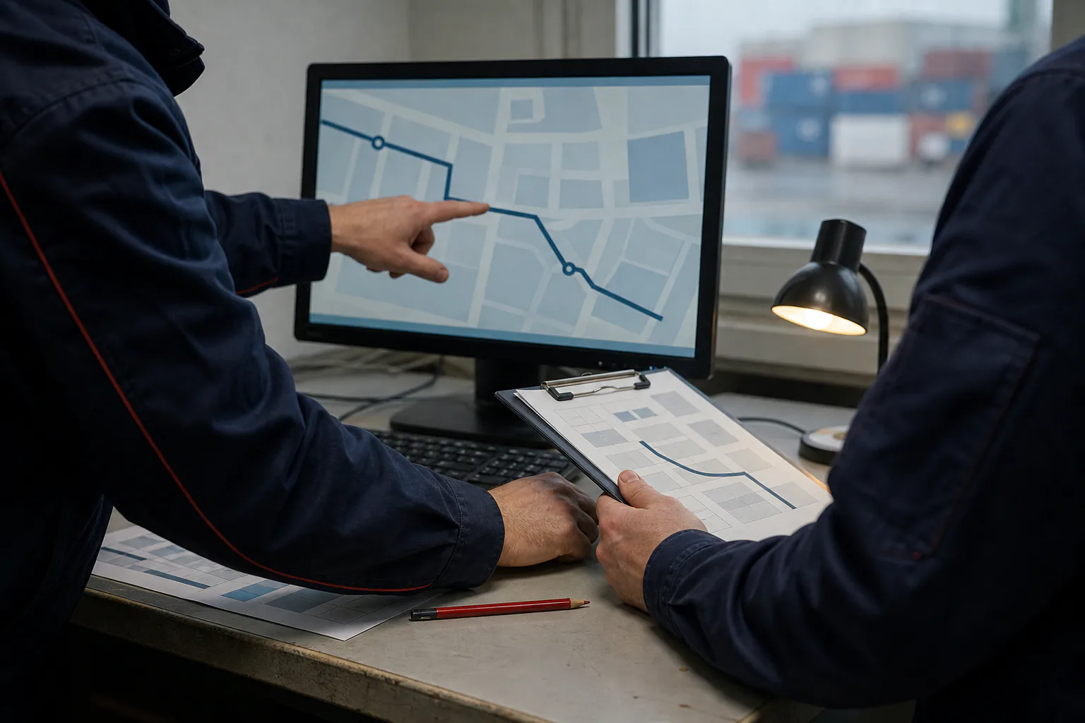 Arbeitsplatz mit Händen, Monitor und Unterlagen zur Transportplanung