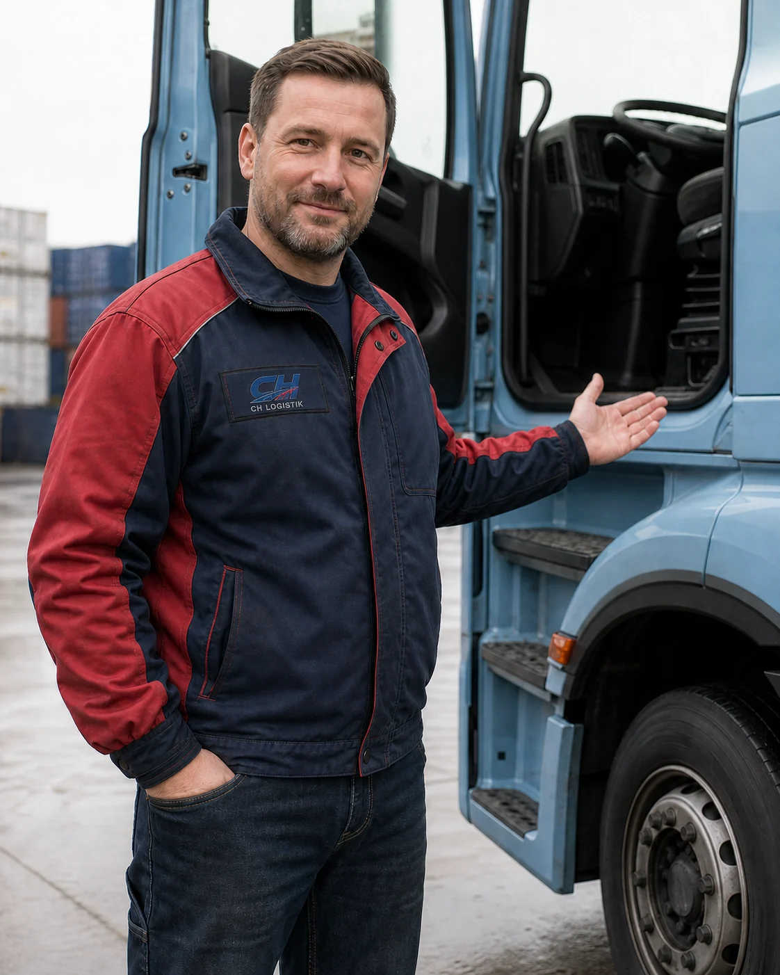 Mann in dunkelblauer und roter Arbeitsjacke zeigt auf ein Lkw-Fahrerhaus
