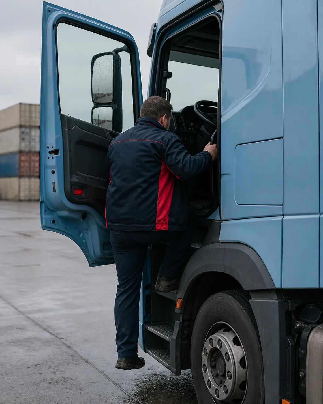Fahrer öffnet die Tür eines Lkw-Fahrerhauses