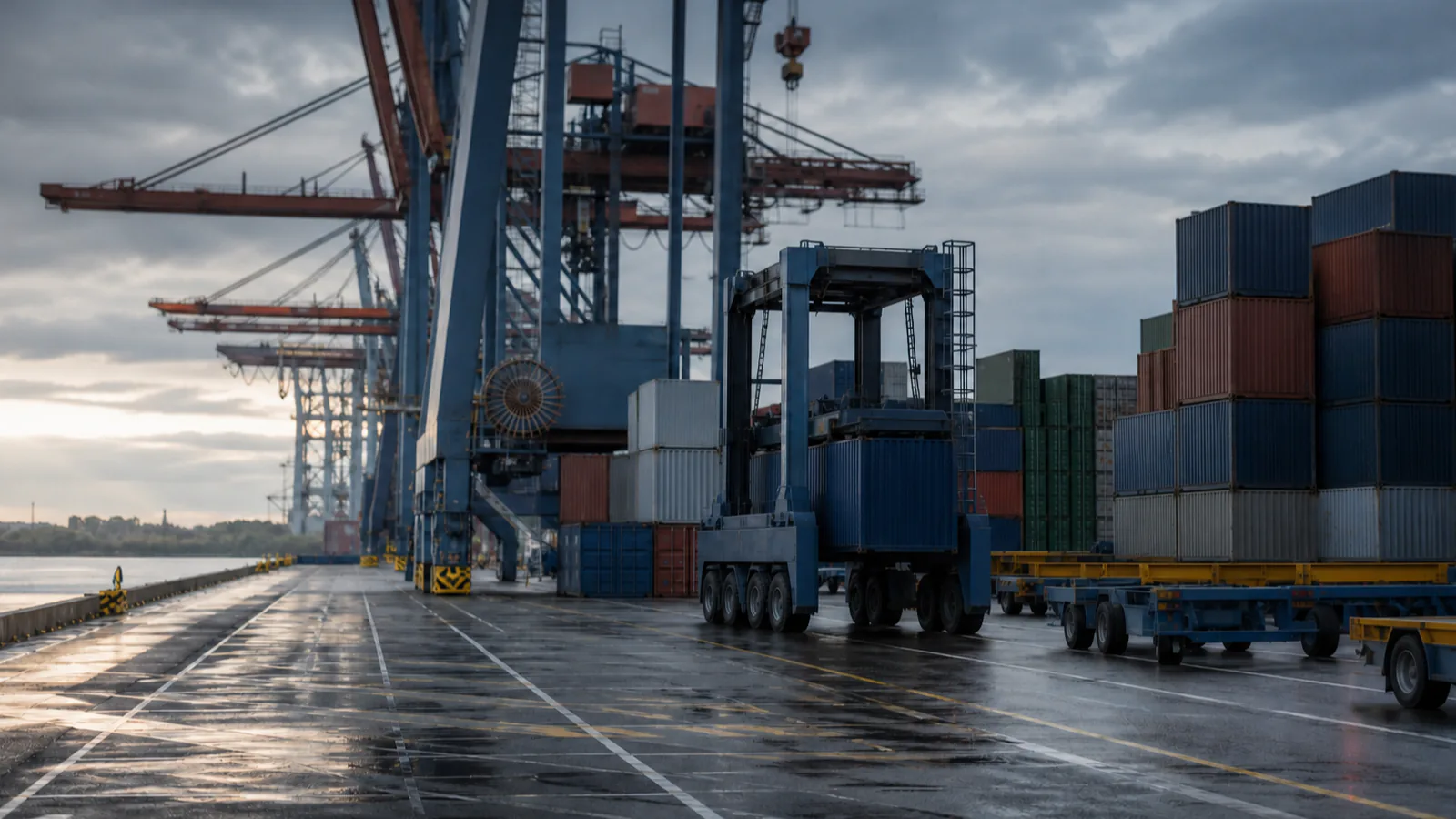 Containerterminal mit Hafenkränen und gestapelten Containern