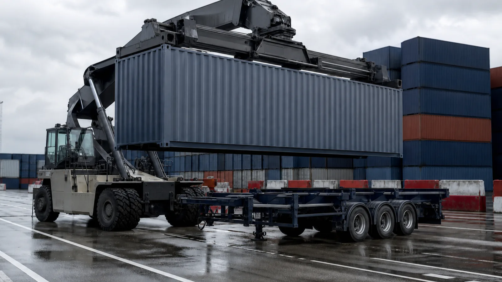Ein großes Umschlagfahrzeug bewegt einen Container zwischen gestapelten Containern